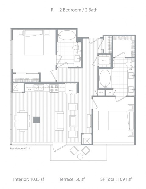 Floor plan for 2 beds, 2 baths, 1091 sqft